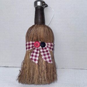 Vintage Whisk Broom Primitive USA Burgundy Check Ribbon Holiday Decor